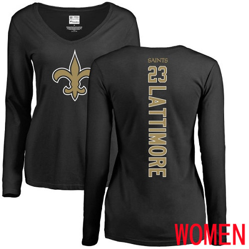 New Orleans Saints Black Women Marshon Lattimore Backer Slim Fit NFL Football #23 Long Sleeve T Shirt->women nfl jersey->Women Jersey